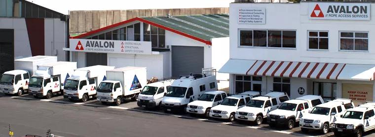 The Avalon vehicle fleet parked outside the Avalon offices and workshop