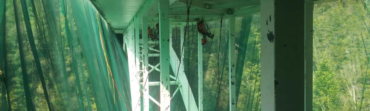 Avalon team members working under safety meshed bridge superstructure